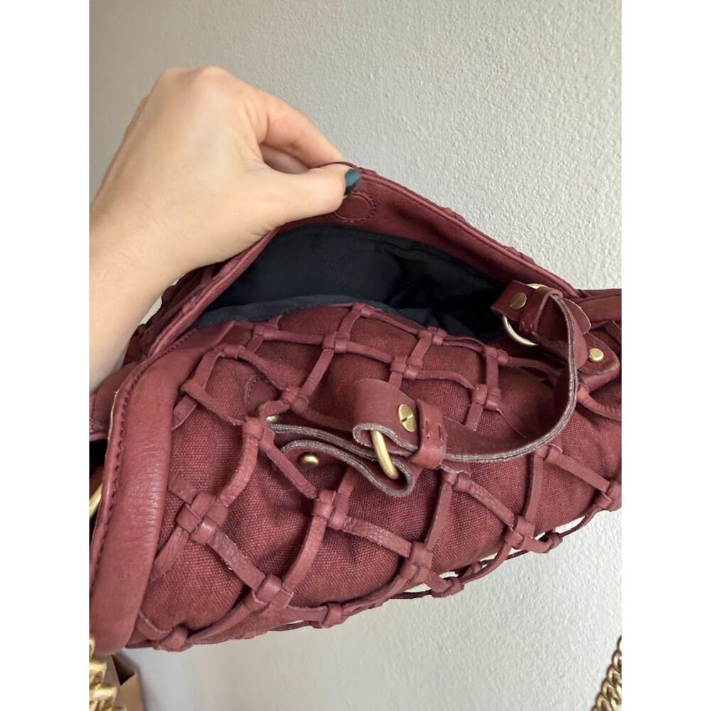 Pour La Victoire Knotted Leather & Canvas Satchel Shoulder Bag in Oxblood & Gold - Picture 6 of 15